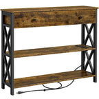 Industrial Rustic Brown Console Table with Power Outlet Drawer and Open Shelves