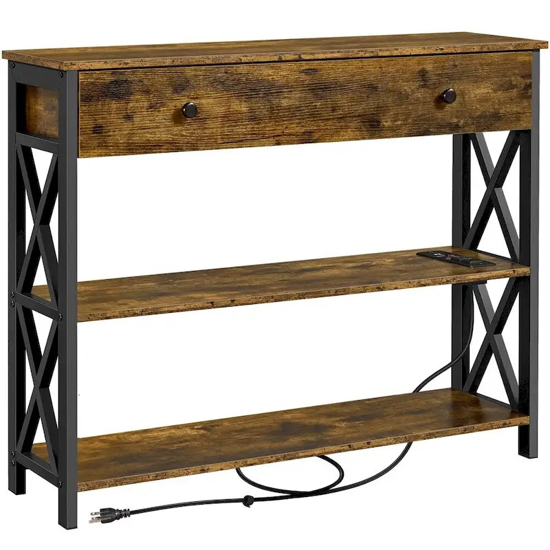 Industrial Rustic Brown Console Table with Power Outlet Drawer and Open Shelves