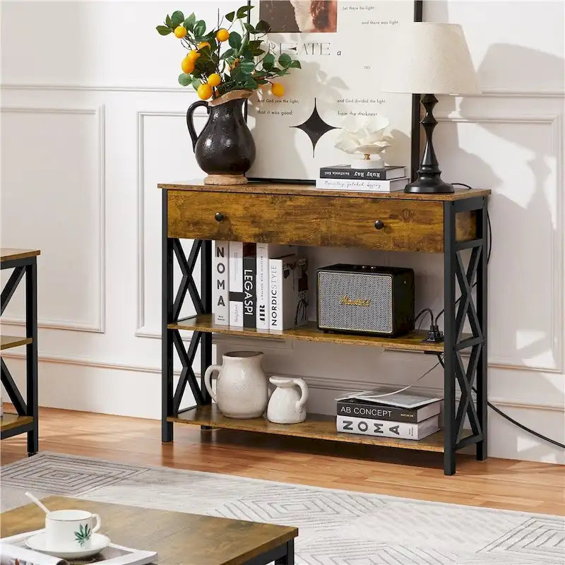 Industrial Rustic Brown Console Table with Power Outlet Drawer and Open Shelves