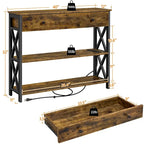 Industrial Rustic Brown Console Table with Power Outlet Drawer and Open Shelves