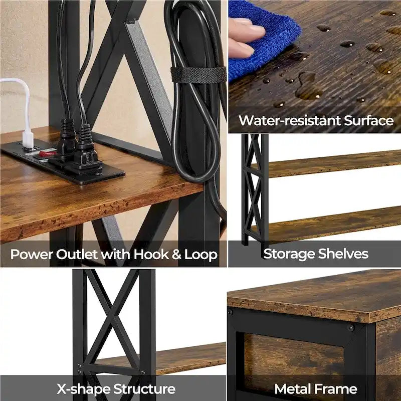 Industrial Rustic Brown Console Table with Power Outlet Drawer and Open Shelves
