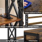 Industrial Rustic Brown Console Table with Power Outlet Drawer and Open Shelves