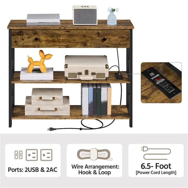 Industrial Rustic Brown Console Table with Power Outlet Drawer and Open Shelves