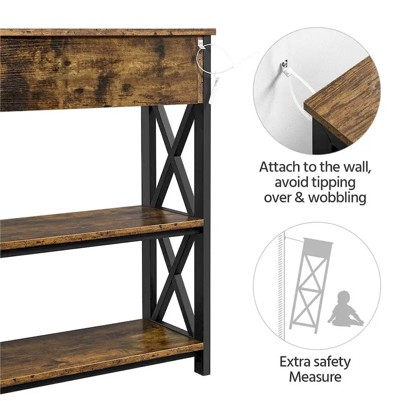 Industrial Rustic Brown Console Table with Power Outlet Drawer and Open Shelves