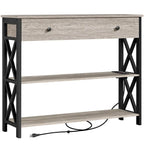 Industrial Rustic Brown Console Table with Power Outlet Drawer and Open Shelves