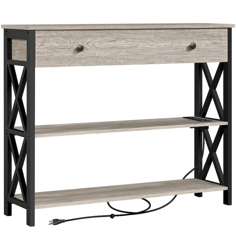 Industrial Rustic Brown Console Table with Power Outlet Drawer and Open Shelves