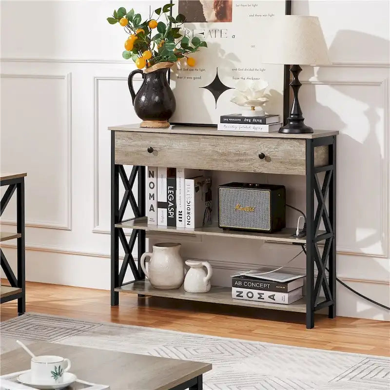 Industrial Rustic Brown Console Table with Power Outlet Drawer and Open Shelves