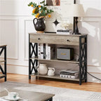 Industrial Rustic Brown Console Table with Power Outlet Drawer and Open Shelves