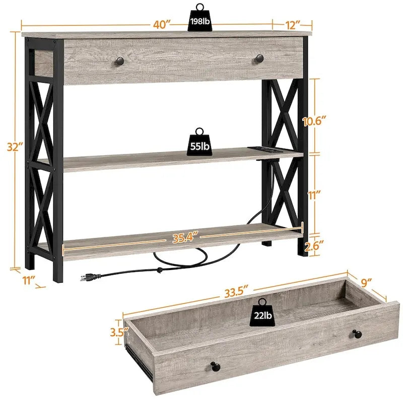 Industrial Rustic Brown Console Table with Power Outlet Drawer and Open Shelves