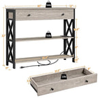 Industrial Rustic Brown Console Table with Power Outlet Drawer and Open Shelves