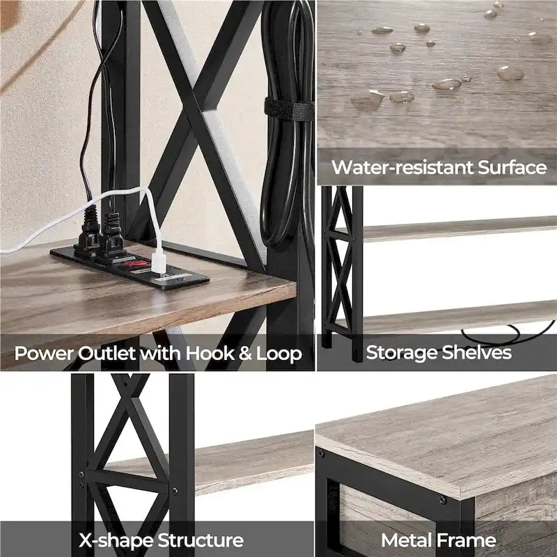 Industrial Rustic Brown Console Table with Power Outlet Drawer and Open Shelves