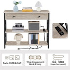 Industrial Rustic Brown Console Table with Power Outlet Drawer and Open Shelves