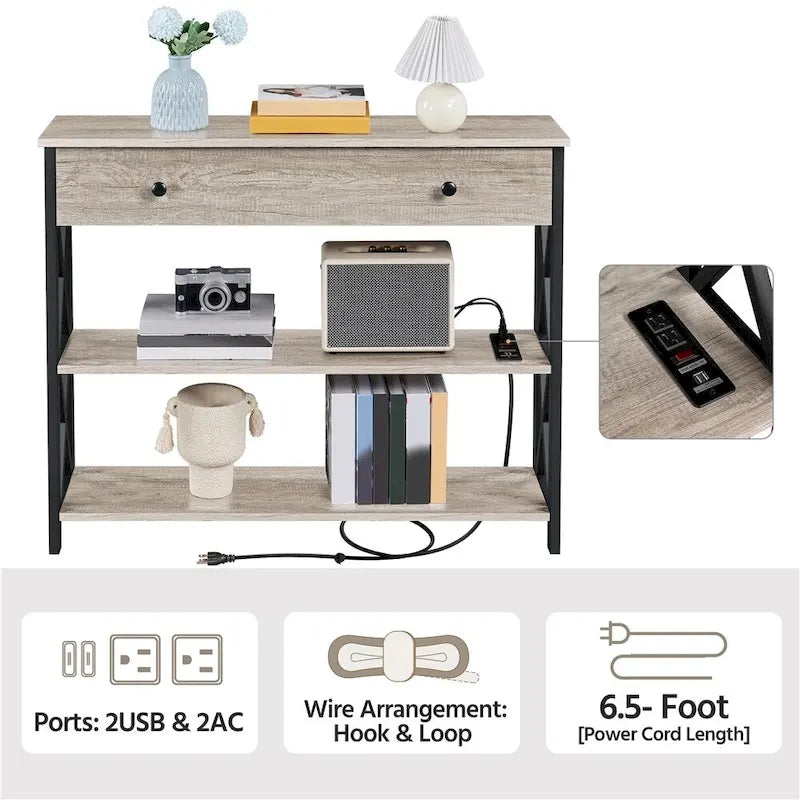 Industrial Rustic Brown Console Table with Power Outlet Drawer and Open Shelves