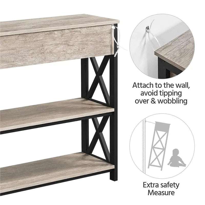 Industrial Rustic Brown Console Table with Power Outlet Drawer and Open Shelves