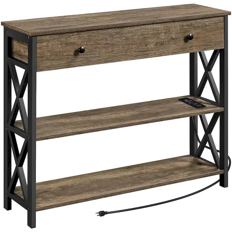 Industrial Rustic Brown Console Table with Power Outlet Drawer and Open Shelves