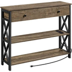 Industrial Rustic Brown Console Table with Power Outlet Drawer and Open Shelves