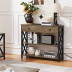Industrial Rustic Brown Console Table with Power Outlet Drawer and Open Shelves