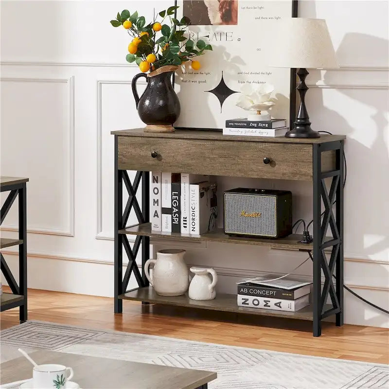 Industrial Rustic Brown Console Table with Power Outlet Drawer and Open Shelves