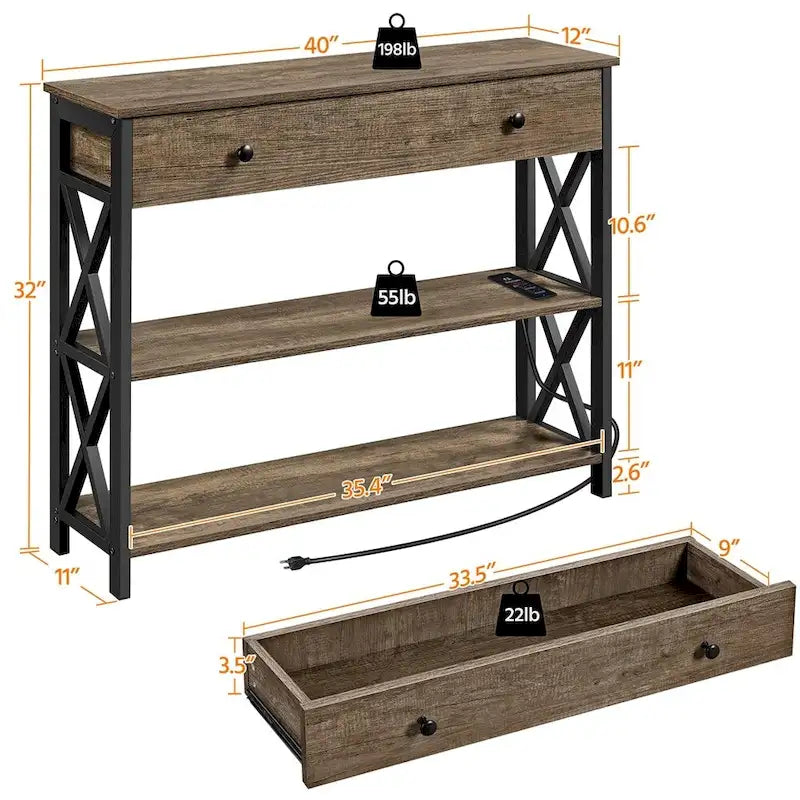 Industrial Rustic Brown Console Table with Power Outlet Drawer and Open Shelves