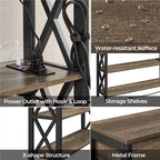 Industrial Rustic Brown Console Table with Power Outlet Drawer and Open Shelves