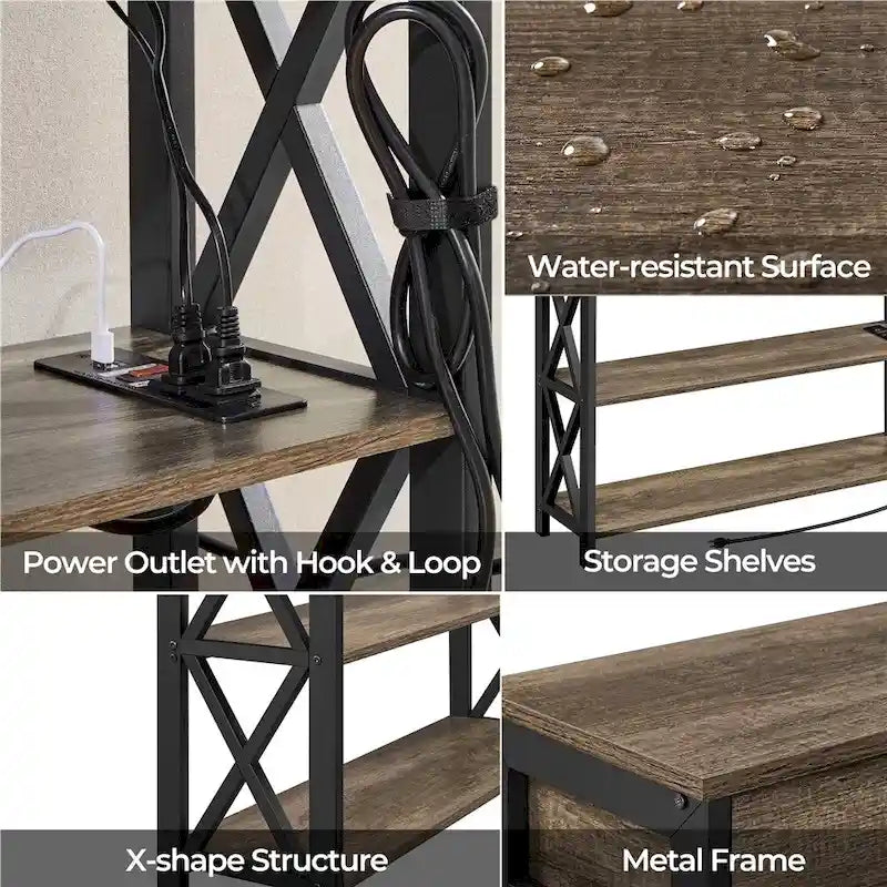 Industrial Rustic Brown Console Table with Power Outlet Drawer and Open Shelves