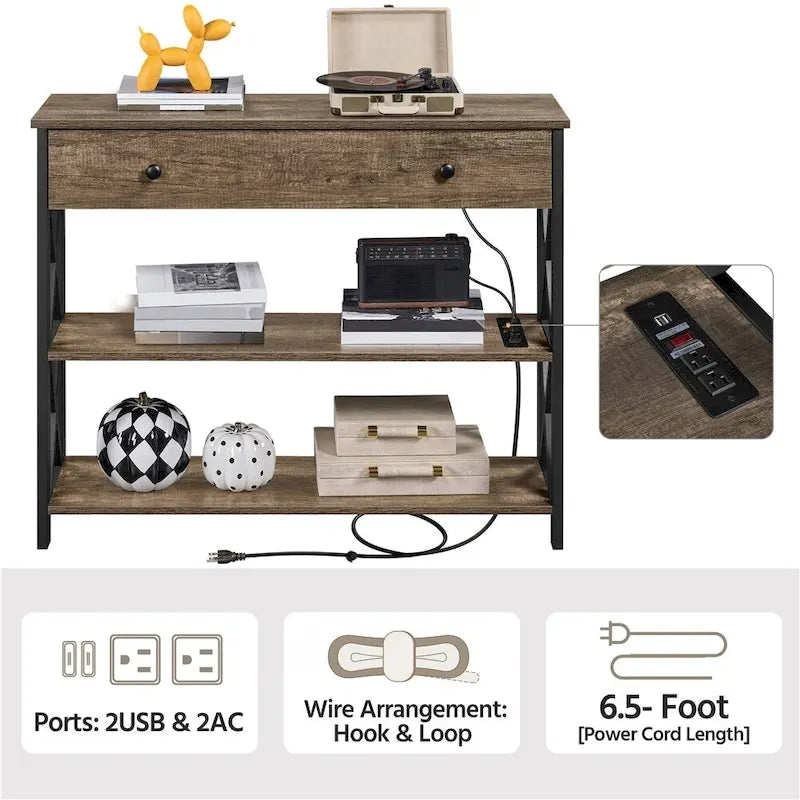 Industrial Rustic Brown Console Table with Power Outlet Drawer and Open Shelves