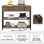 Industrial Rustic Brown Console Table with Power Outlet Drawer and Open Shelves