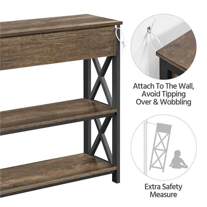 Industrial Rustic Brown Console Table with Power Outlet Drawer and Open Shelves