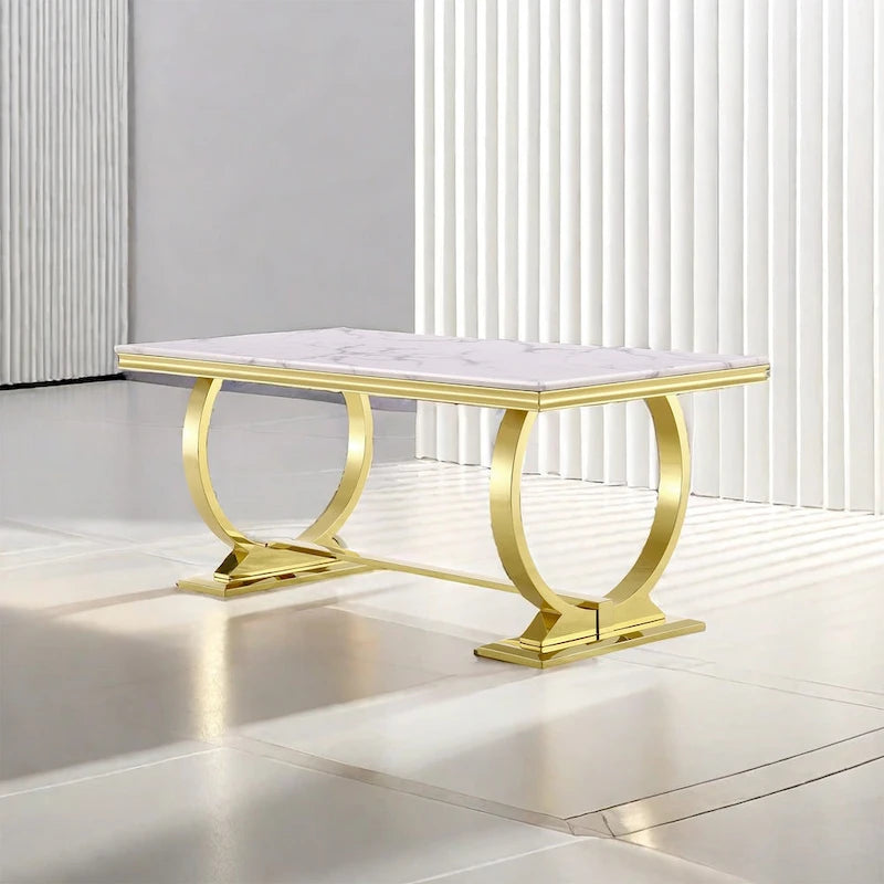 Brushed Gold Dining Table with 78 inch Glass Top and Tapered Barrel Base