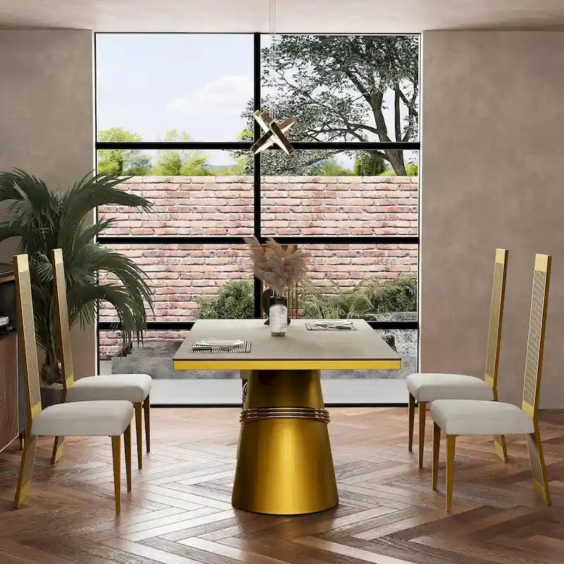 Brushed Gold Dining Table with 78 inch Glass Top and Tapered Barrel Base