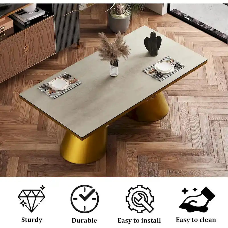 Brushed Gold Dining Table with 78 inch Glass Top and Tapered Barrel Base