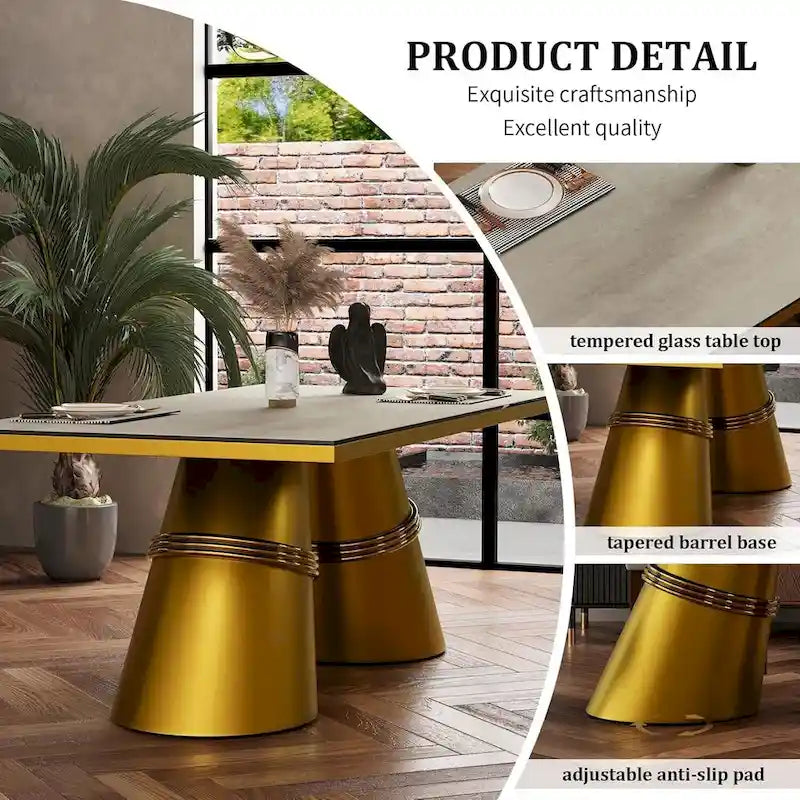 Brushed Gold Dining Table with 78 inch Glass Top and Tapered Barrel Base