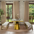Brushed Gold Dining Table with 78 inch Glass Top and Tapered Barrel Base