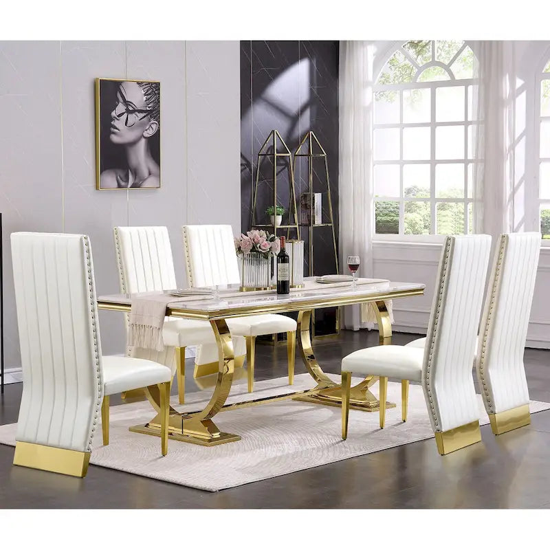 Brushed Gold Dining Table with 78 inch Glass Top and Tapered Barrel Base