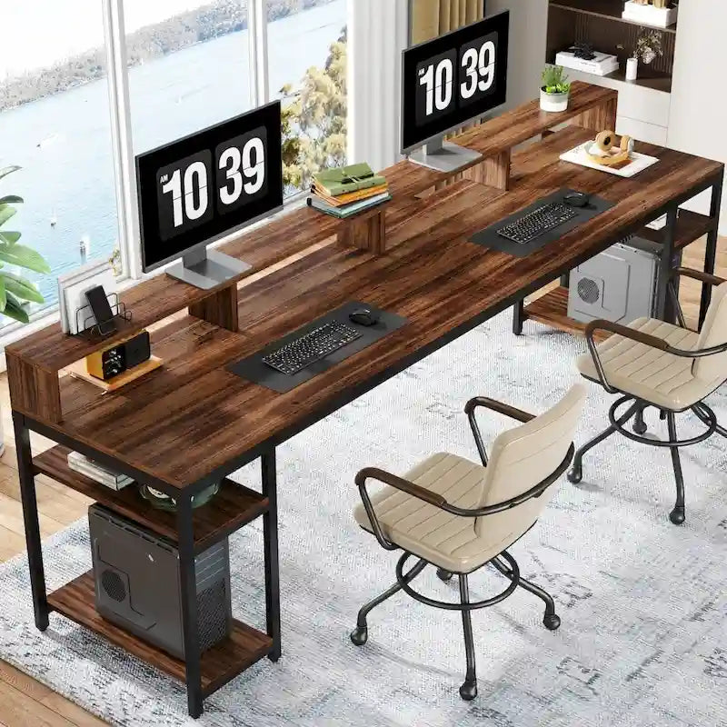 Rustic Brown Industrial Computer Desk with Monitor Stand and Storage Shelves