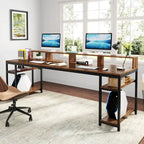 Rustic Brown Industrial Computer Desk with Monitor Stand and Storage Shelves