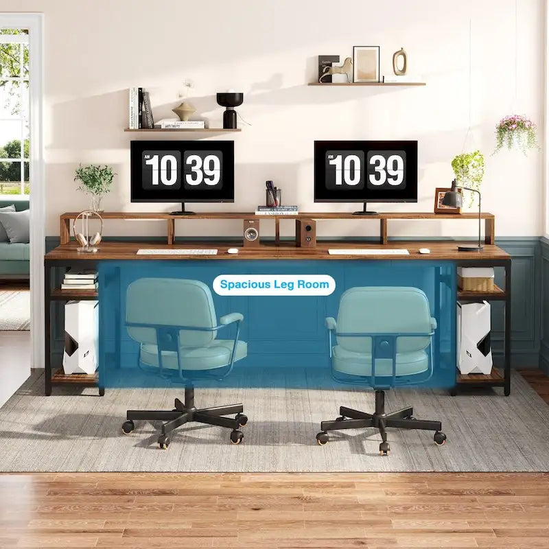 Rustic Brown Industrial Computer Desk with Monitor Stand and Storage Shelves