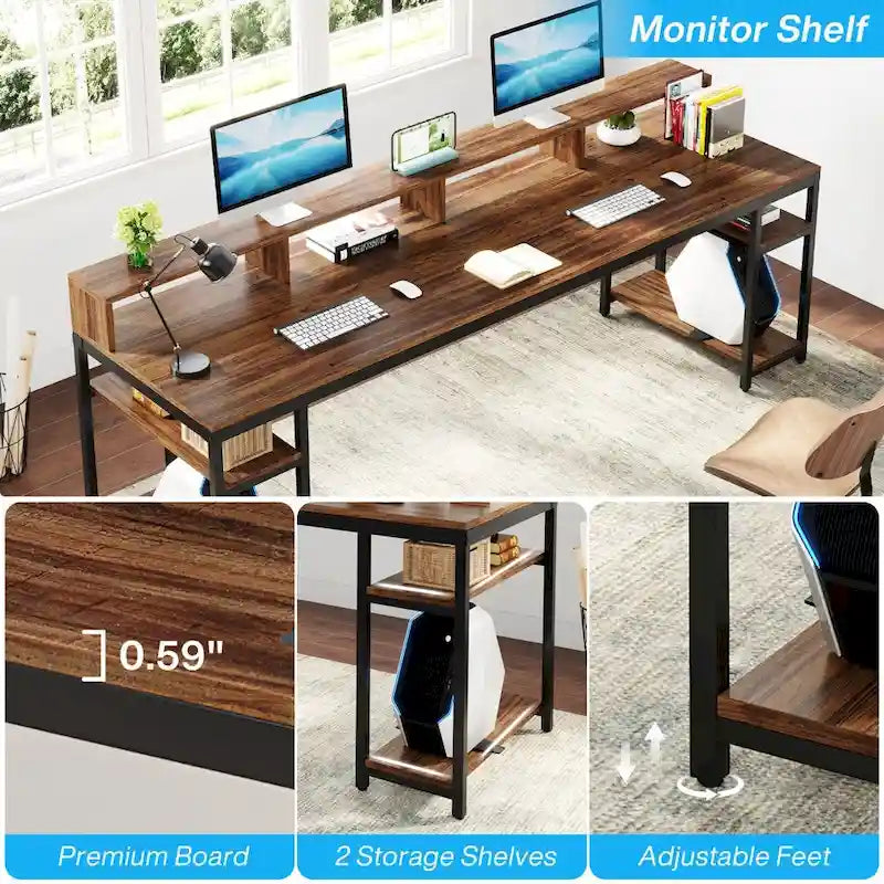 Rustic Brown Industrial Computer Desk with Monitor Stand and Storage Shelves