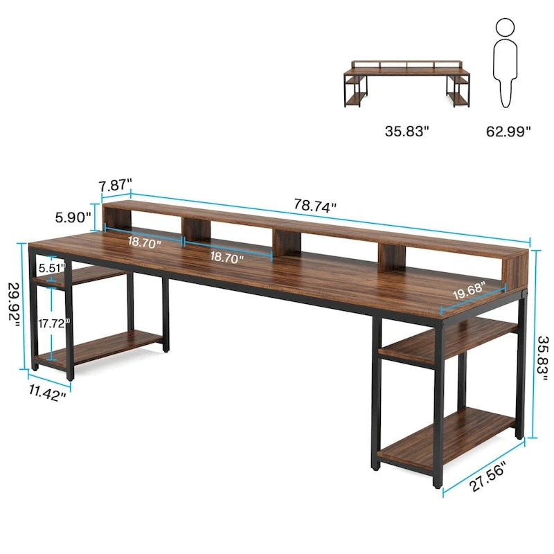 Rustic Brown Industrial Computer Desk with Monitor Stand and Storage Shelves