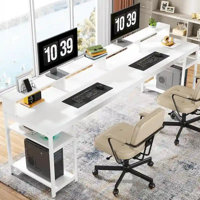 Rustic Brown Industrial Computer Desk with Monitor Stand and Storage Shelves