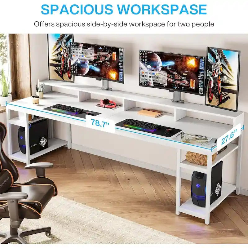Rustic Brown Industrial Computer Desk with Monitor Stand and Storage Shelves