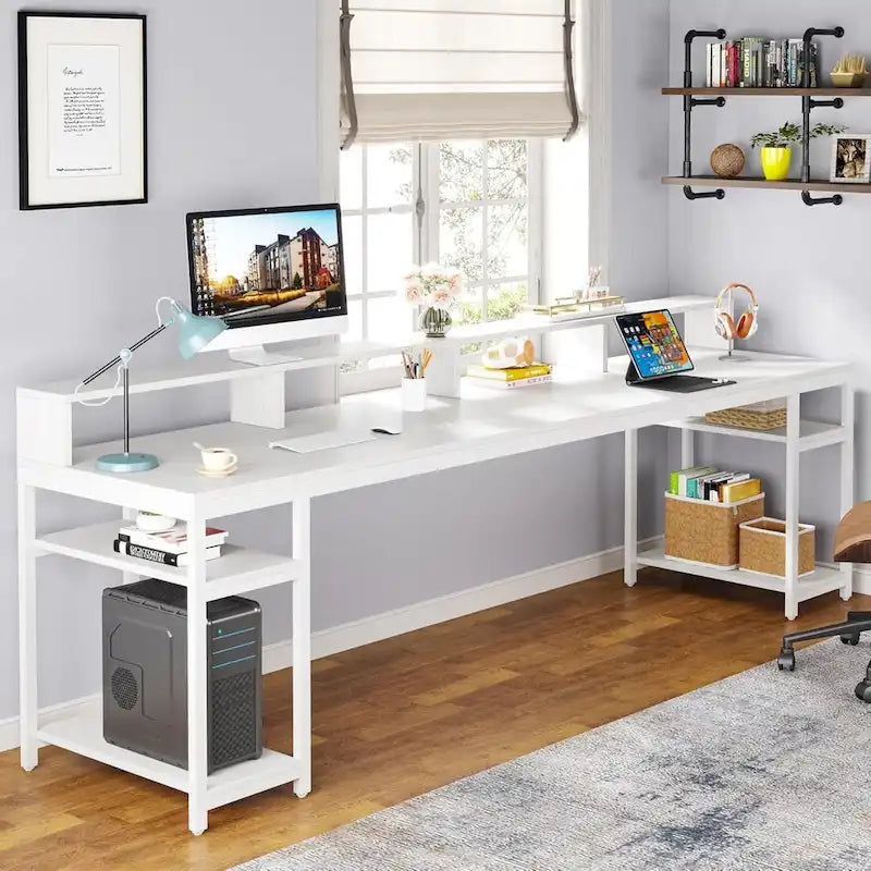Rustic Brown Industrial Computer Desk with Monitor Stand and Storage Shelves