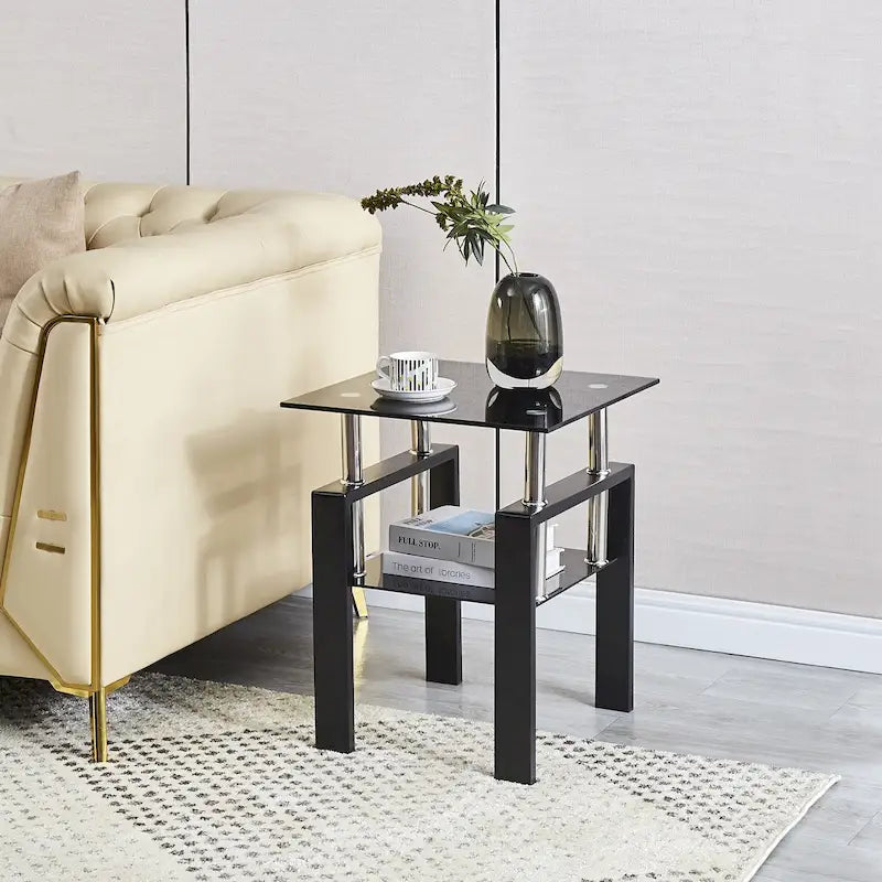Tempered Black Glass Sofa Table, 2-Layers End Table With Storage
