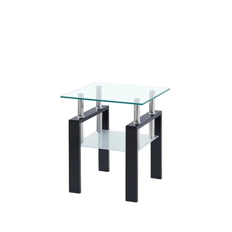 Tempered Black Glass Sofa Table, 2-Layers End Table With Storage