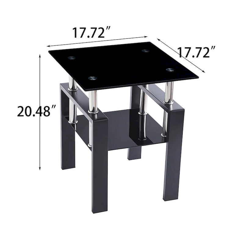 Tempered Black Glass Sofa Table, 2-Layers End Table With Storage