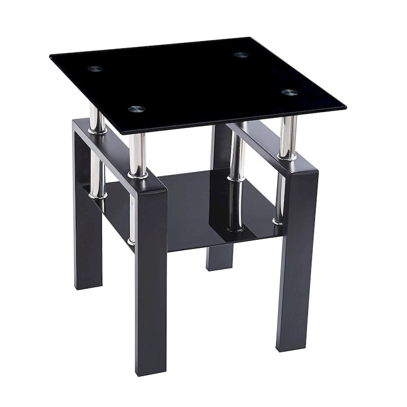 Tempered Black Glass Sofa Table, 2-Layers End Table With Storage