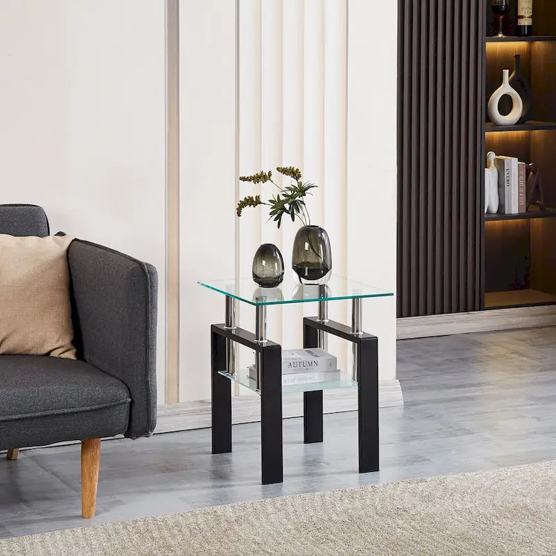 Tempered Black Glass Sofa Table, 2-Layers End Table With Storage