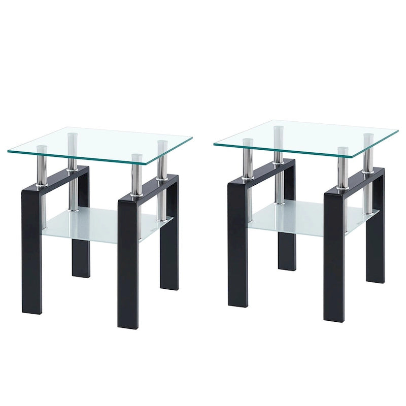 Tempered Black Glass Sofa Table, 2-Layers End Table With Storage