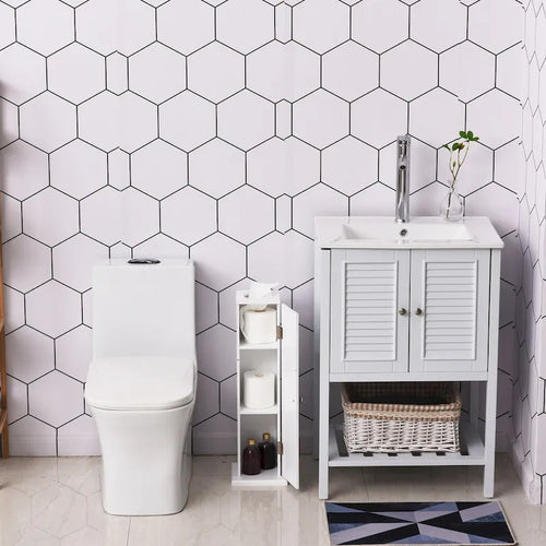 Bathroom Toilet Paper Cabinet, Corner Floor Cabinet with Doors and Shelves