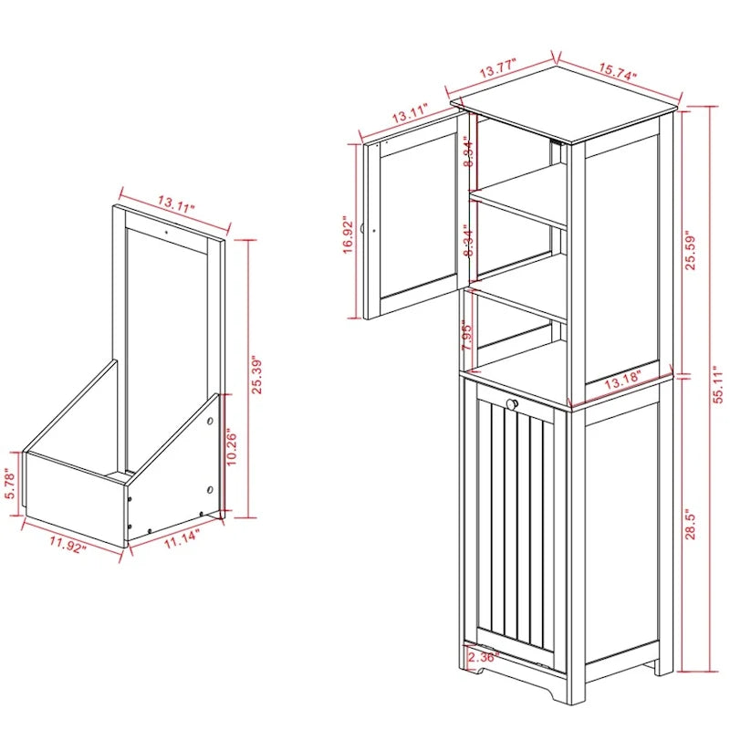 White Tilt-Out Laundry Sorter Cabinet with Open Shelf and Door